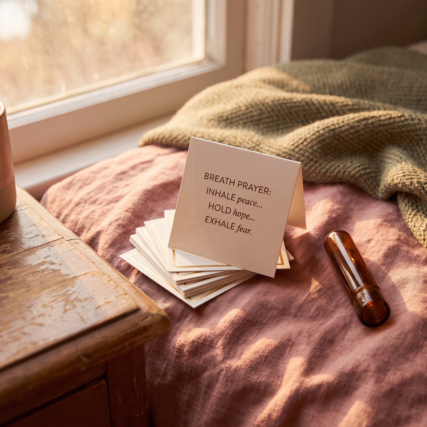 Cherished inhaler ritual cards resting on linen in morning light