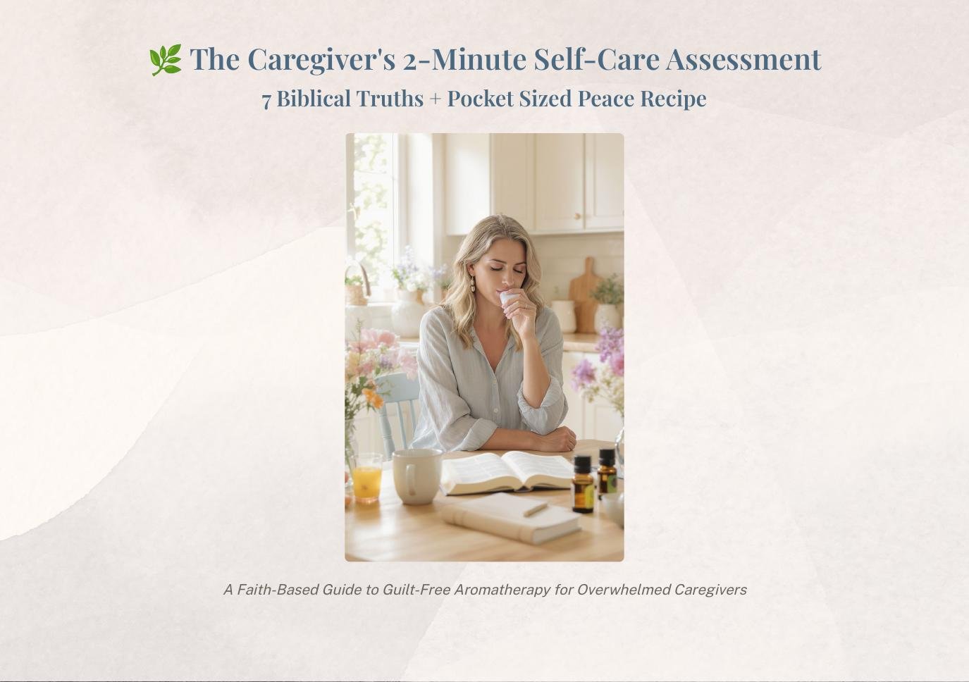 Cover of the Pocket-sized Peace Recipe guide, a caregiver breathing from a personal inhaler at a sunny kitchen table